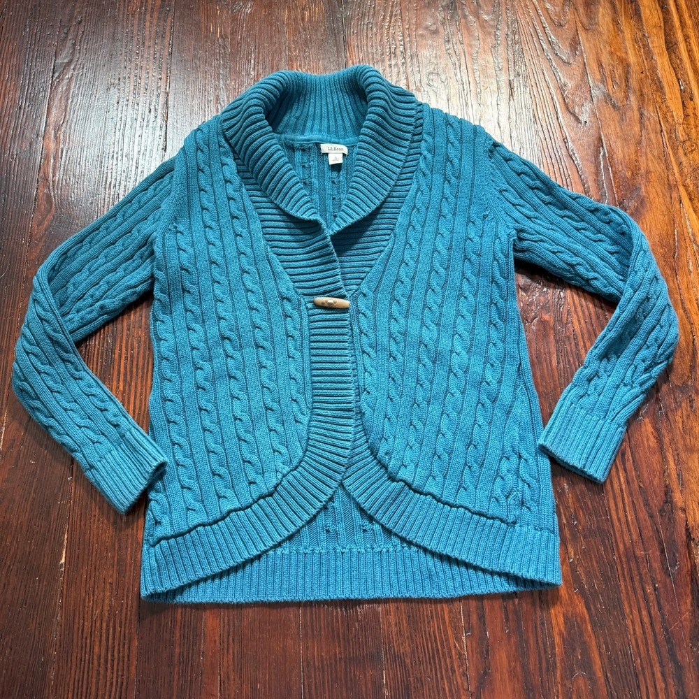 LL Bean Cardigan Womens S Blue Toggle Cable Knit Shawl Collar Fisherman Sweater